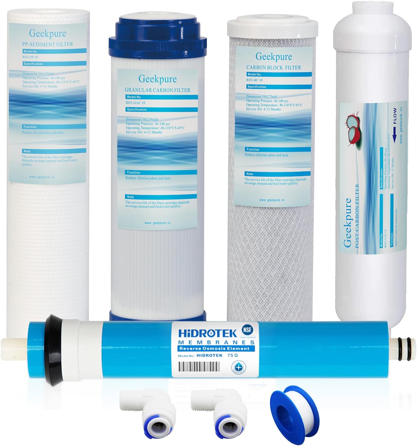 Geekpure Universal 5-Stage RO Replacement Set (75 GPD Membrane)