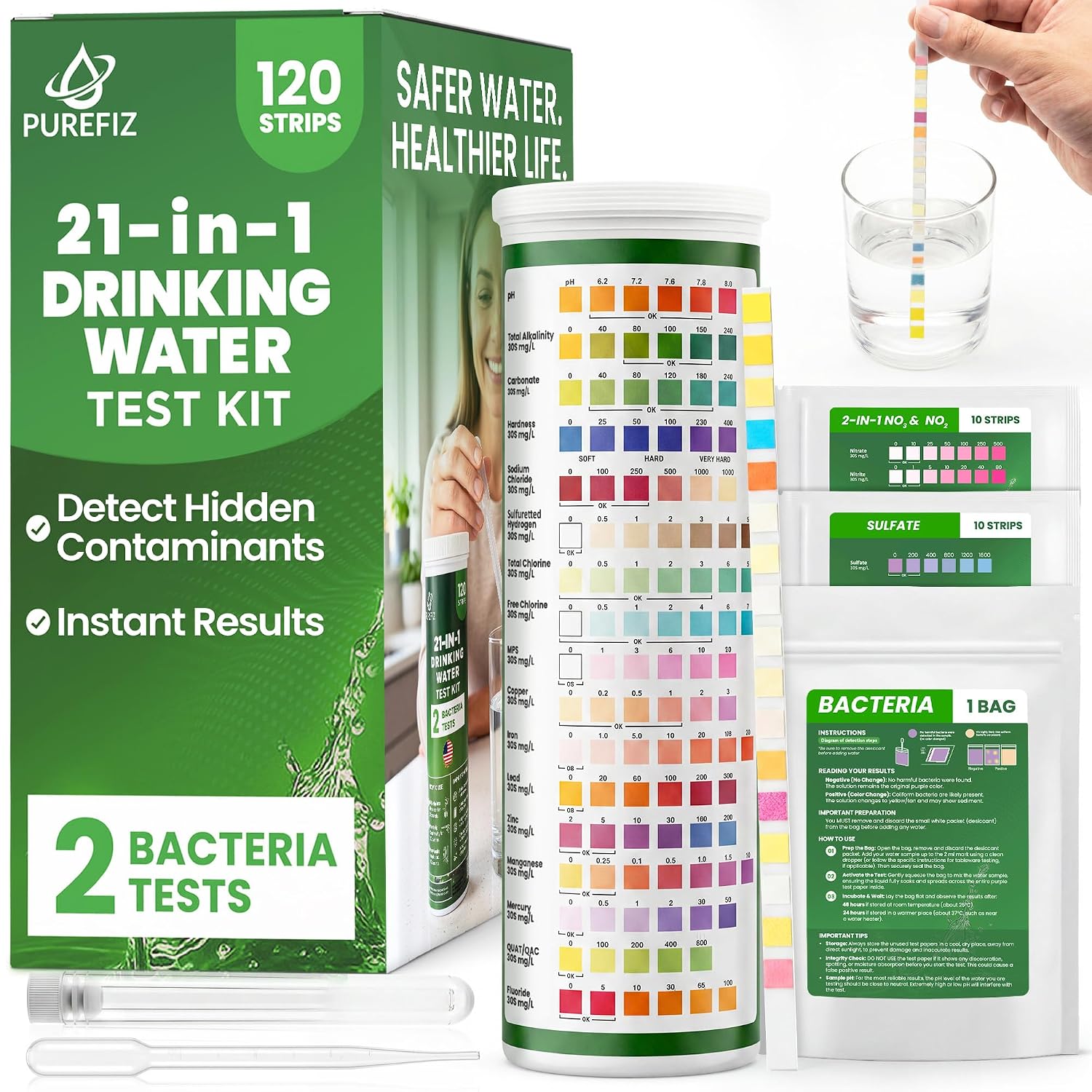 21-in-1 Drinking Water Test Kit (120 Strips + 2 Bacteria Tests)